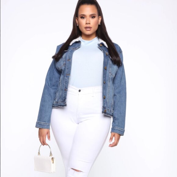 Fashion Nova Denim‎ Fleece Cropped Jean Jacket  Be With You In A Minute 2X NWT - Picture 2 of 4